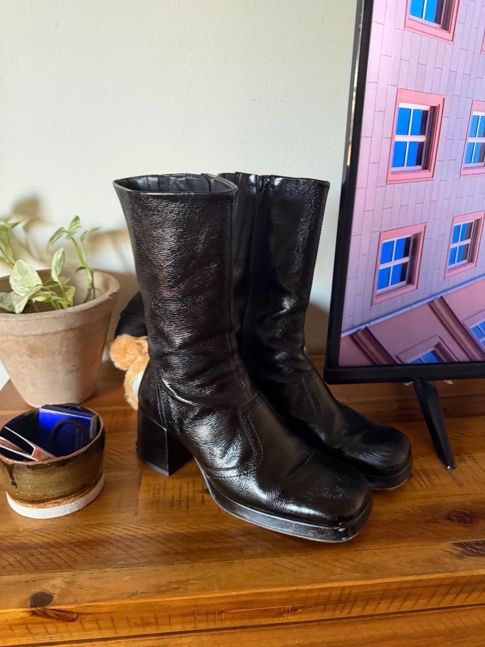 Miista Black Leather Mid-Calf Chunky Heel Boots